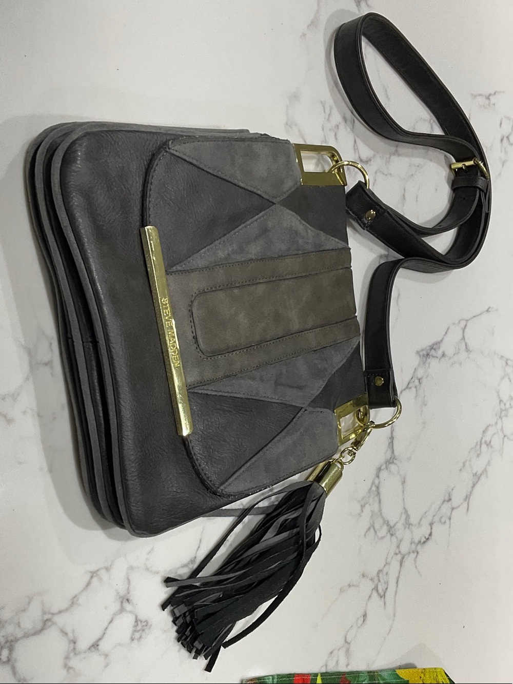 Steven Madden Charcoal Leather Suede Tassel Crossbody Bag